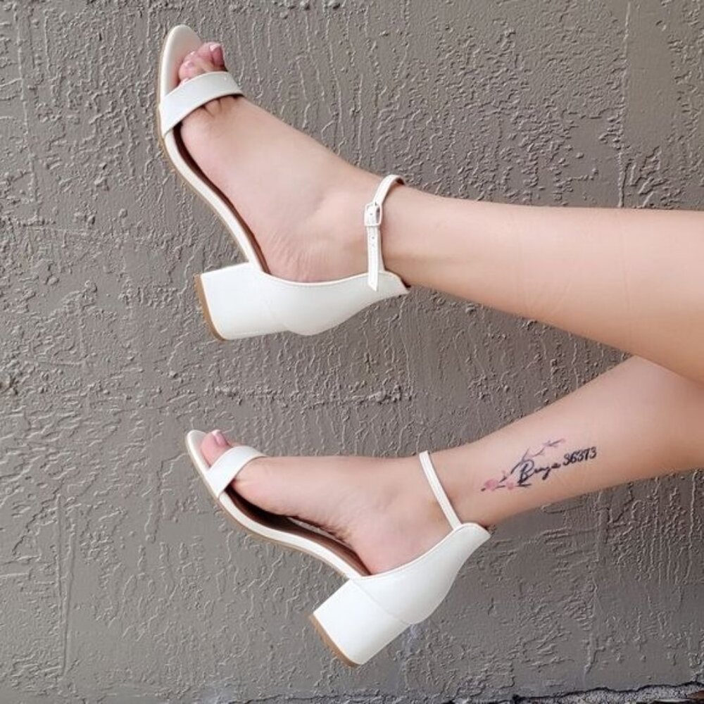 White Patent Open Toe Sandals Low Chunky Heel Adjustable Buckle Ankle Strap